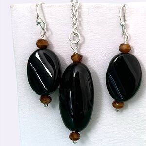Long silver plated Black crystals and tigers eye Jewelry Set